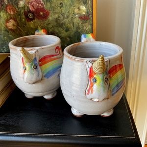 Mudworks Elwood the Rainbow Unicorn Mugs (2) Hand Thrown Pottery Footed USA Made